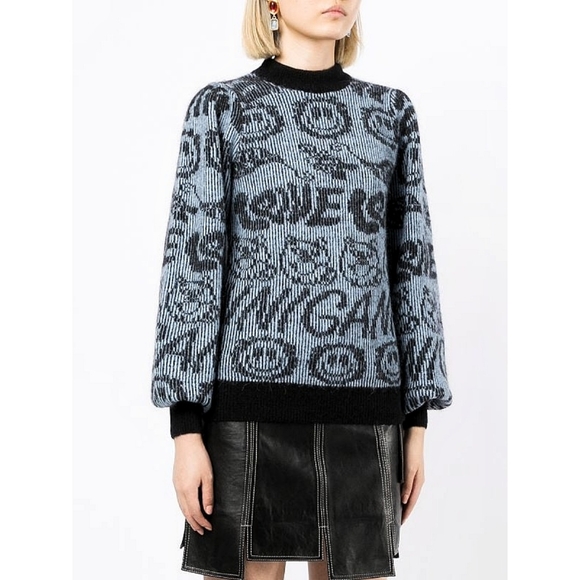 Ganni Smiley Logo Intarsia Wool Knit Puff Sleeve Jumper Sweater - Picture 2 of 12